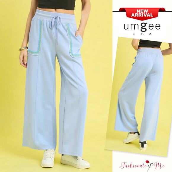 Umgee Drawstring Waistband Scallop Trim Detail Pockets Wide Leg Pants | Ice Blue - Picture 1 of 7